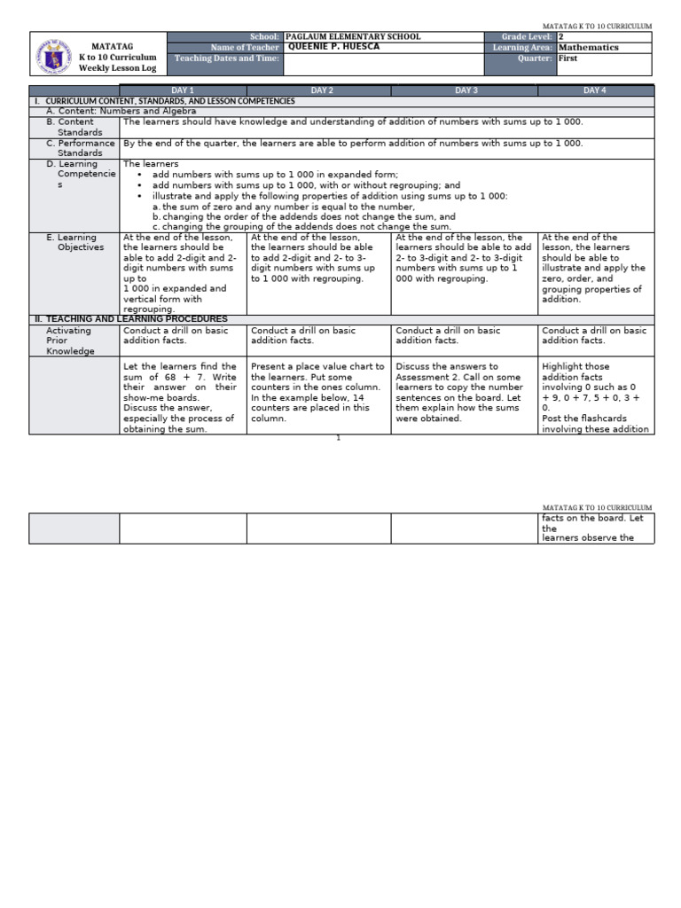 Grade 2 Math Lesson Plan: Addition | PDF | Arithmetic | Mathematics