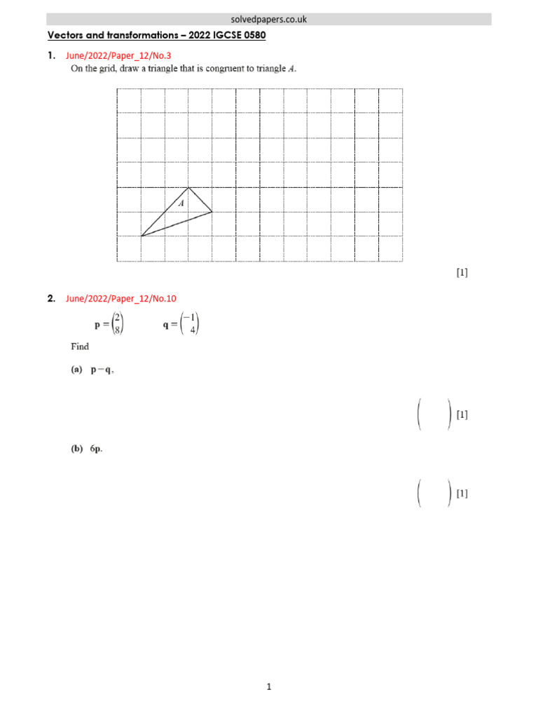 IGCSE 2022 Vectors & Transformations Papers | PDF