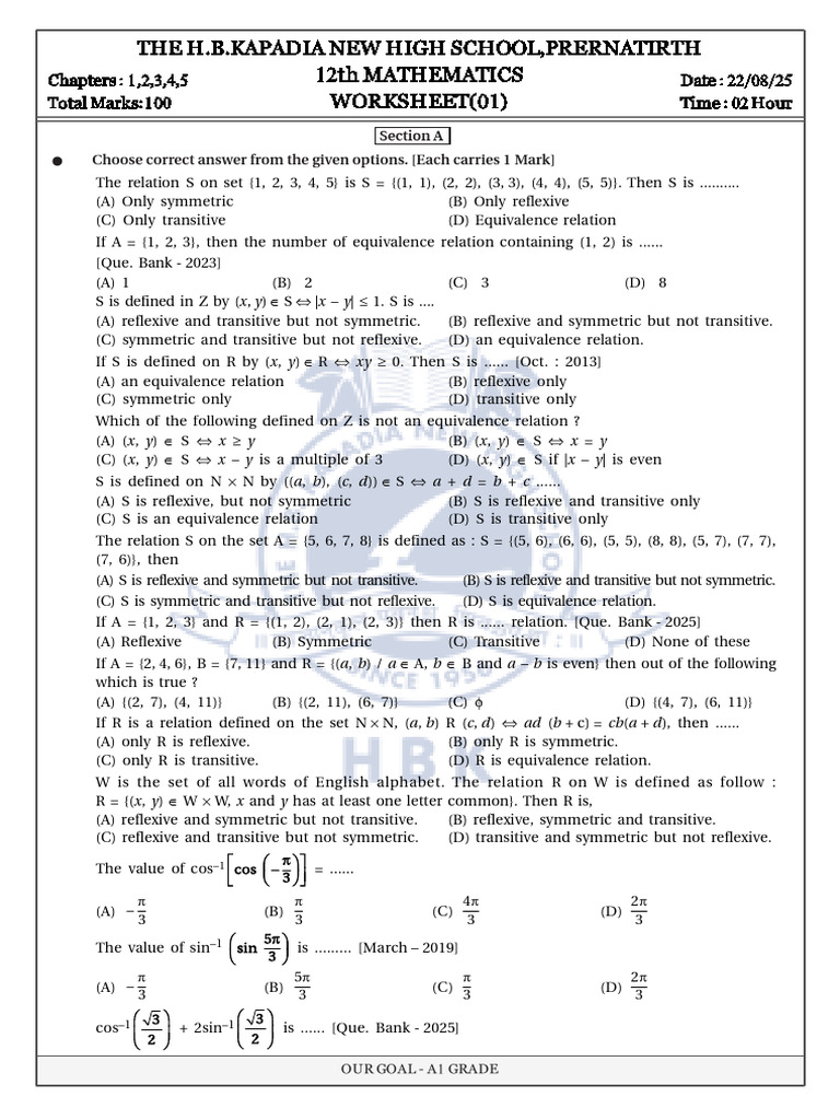 Practice Worksheet Std12 Math (22!08!2025) | PDF | Matrix (Mathematics ...
