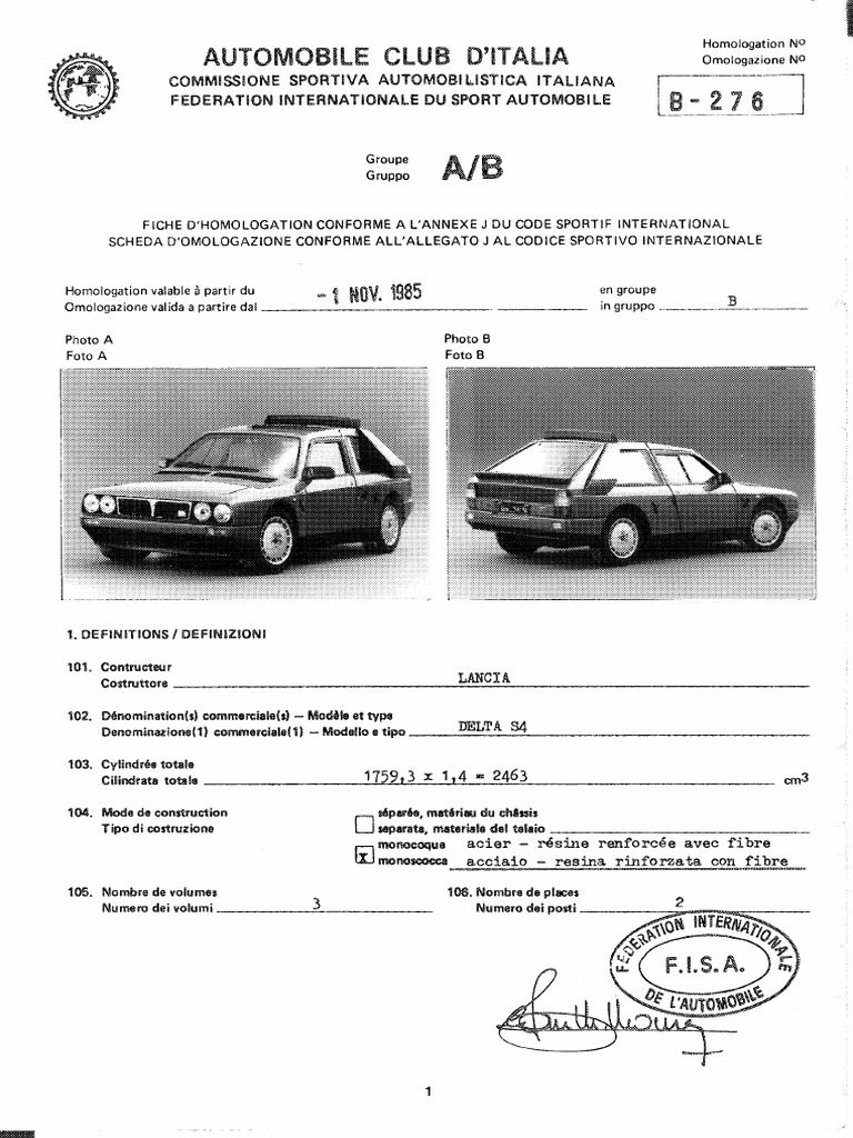 Homologation LANCIA DELTA S4 (1759.3) Group - B | PDF