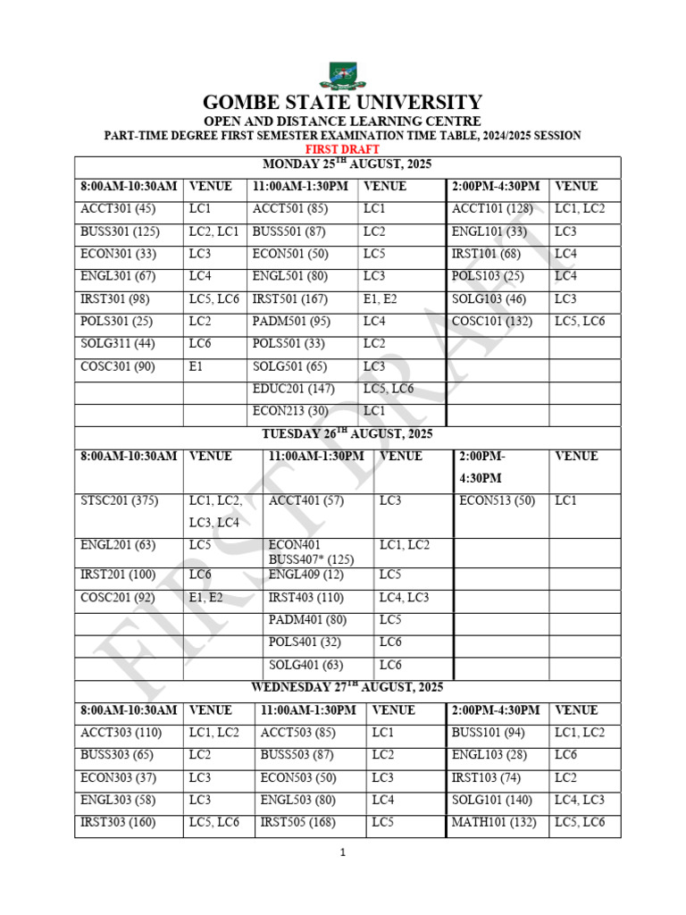 2024/2025 First Semester Exam Schedule | PDF
