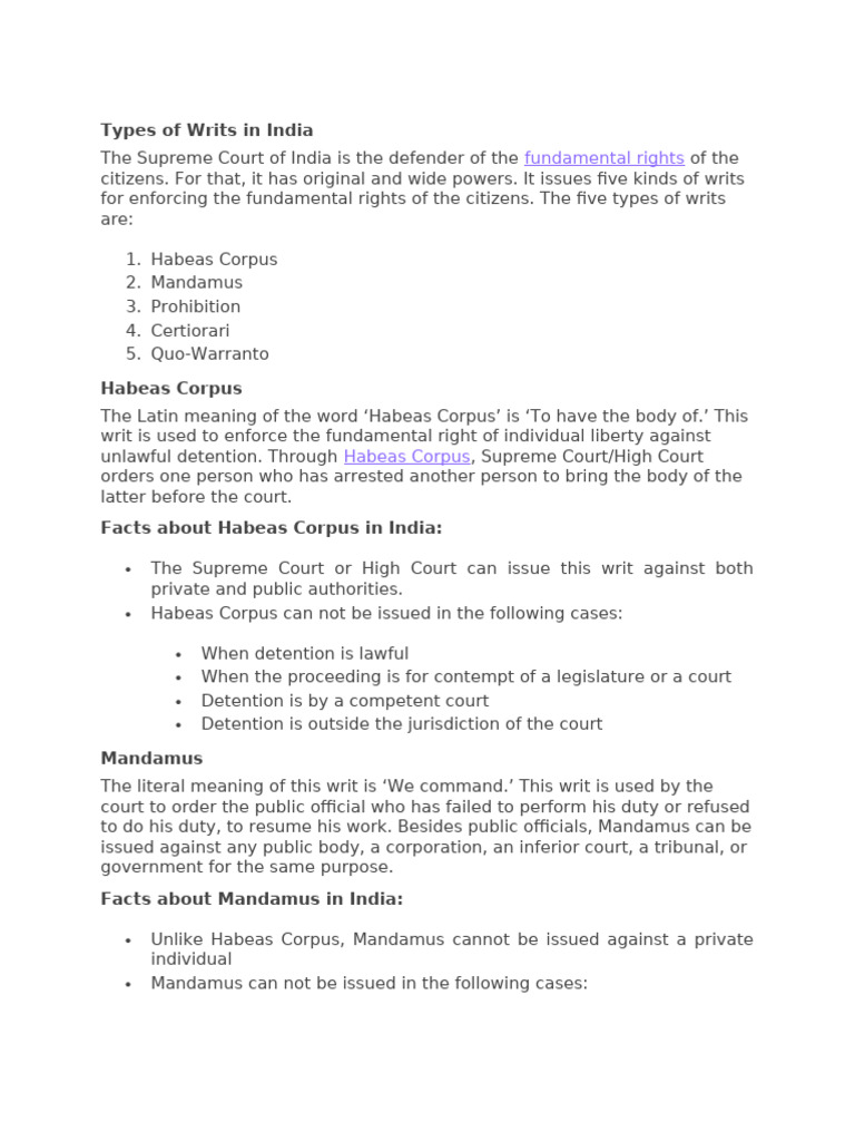 Five Types of Writs in India | PDF | Certiorari | Habeas Corpus