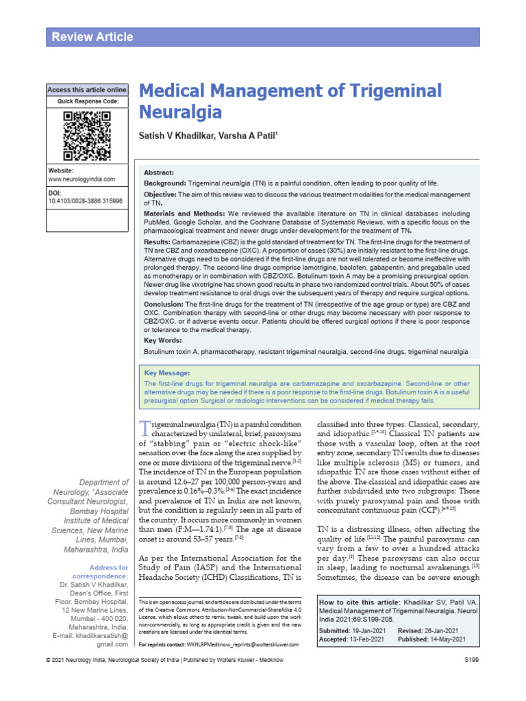 Medical Management of Trigeminal Neuralgia | PDF | Diseases And ...