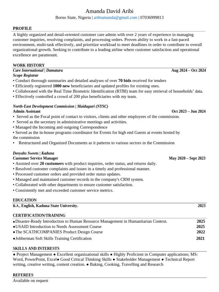 Amanda David Aribi CV - 074324 | PDF | Business
