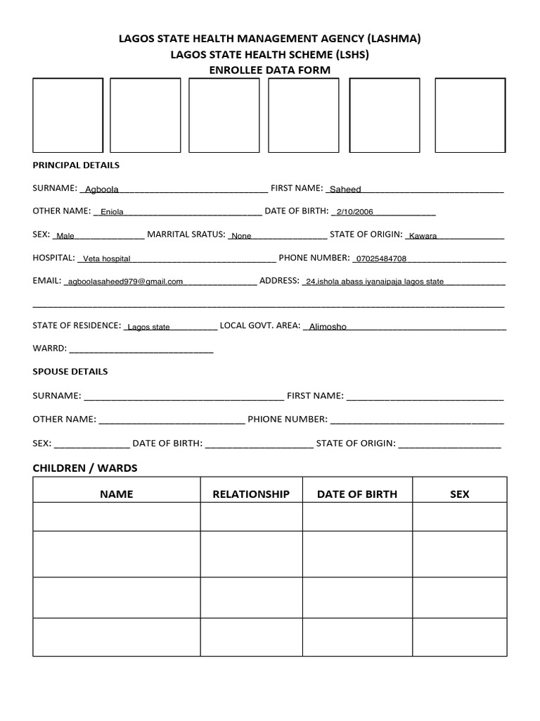 Lagos State Health Scheme Enrollee Form | PDF