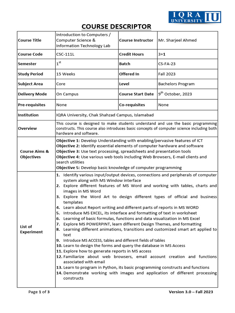 CSC 111L ICT Lab Fall 2023 (Course-Descriptor (Lab) ) | PDF | Microsoft ...