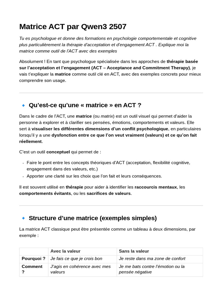 Matrice ACT : Outil d'engagement en thérapie | PDF | Psychologie ...