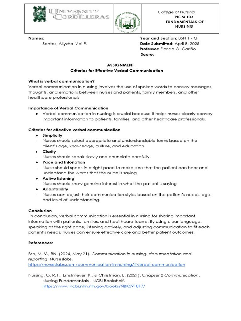 Effective Verbal Communication in Nursing | PDF