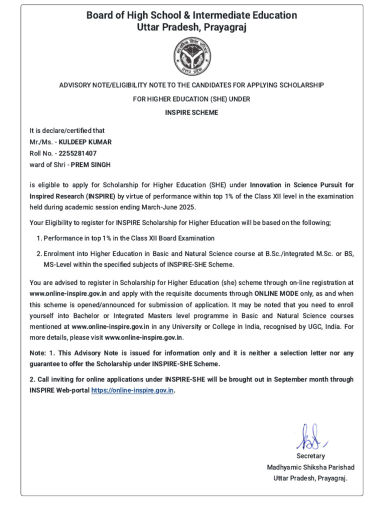 INSPIRE SHE Scholarship Eligibility Note | PDF