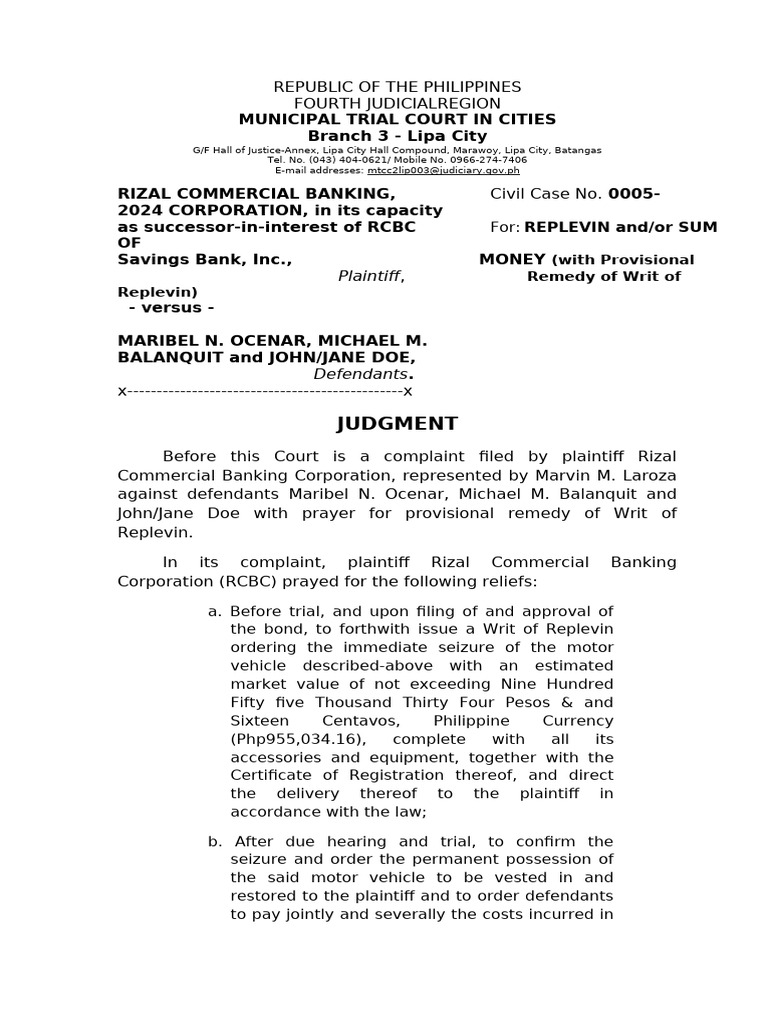 RCBC vs. Ocenar: Replevin Case Summary | PDF | Lawsuit | Legal Remedy