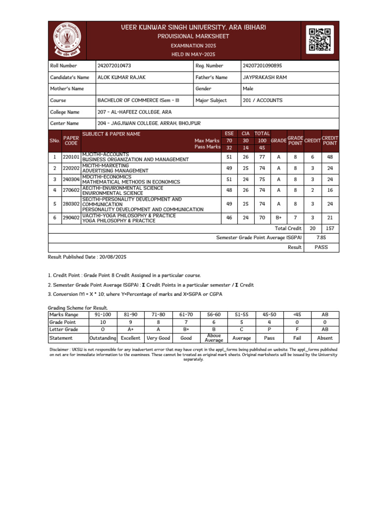 Provisional Marksheet for Alok Kumar Rajak | PDF