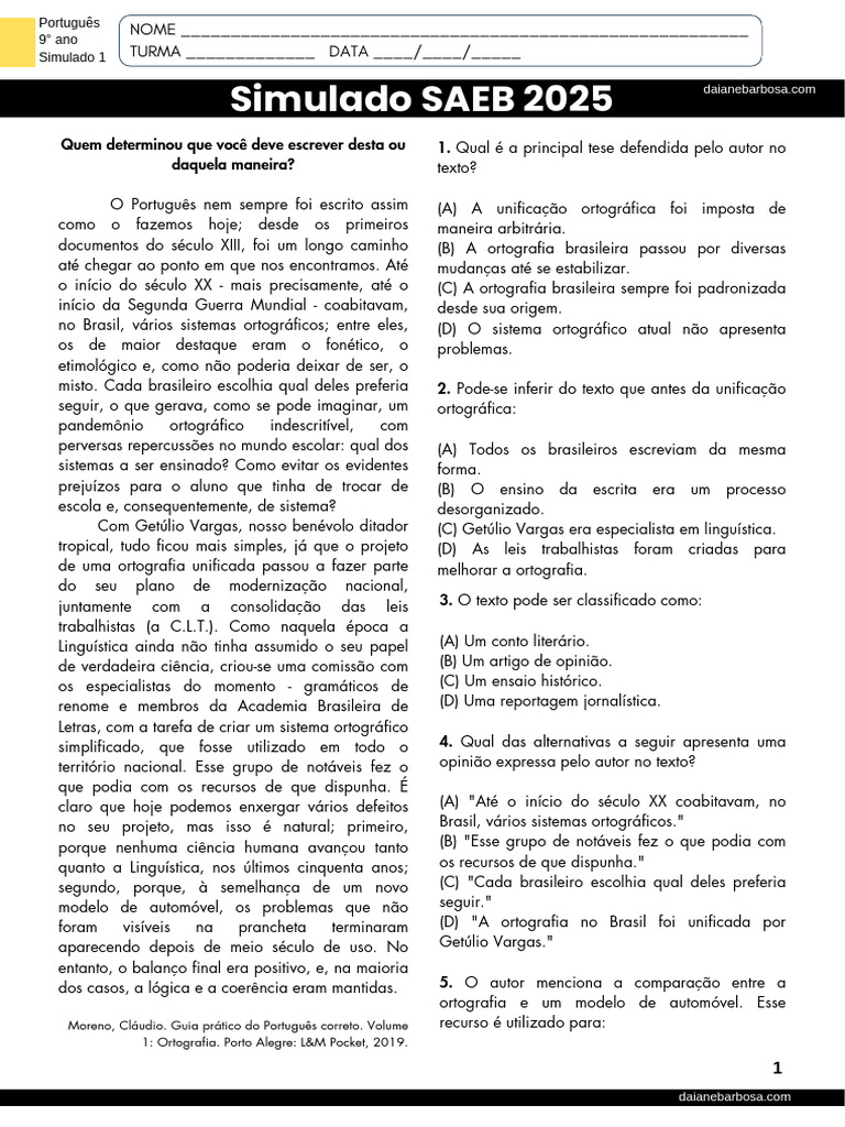Simulado SAEB 9º Ano: Português 2025 | PDF | Gramática | Ortografia