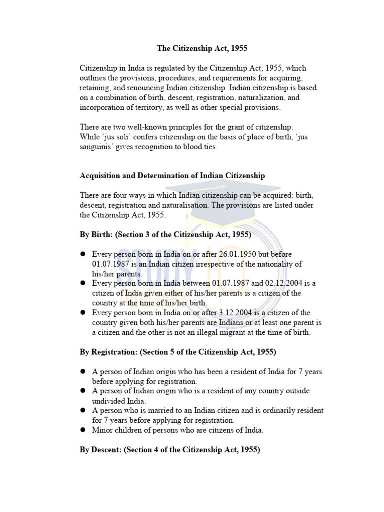 The Citizenship Act 1955 - 1703752598 | PDF | Naturalization | Citizenship