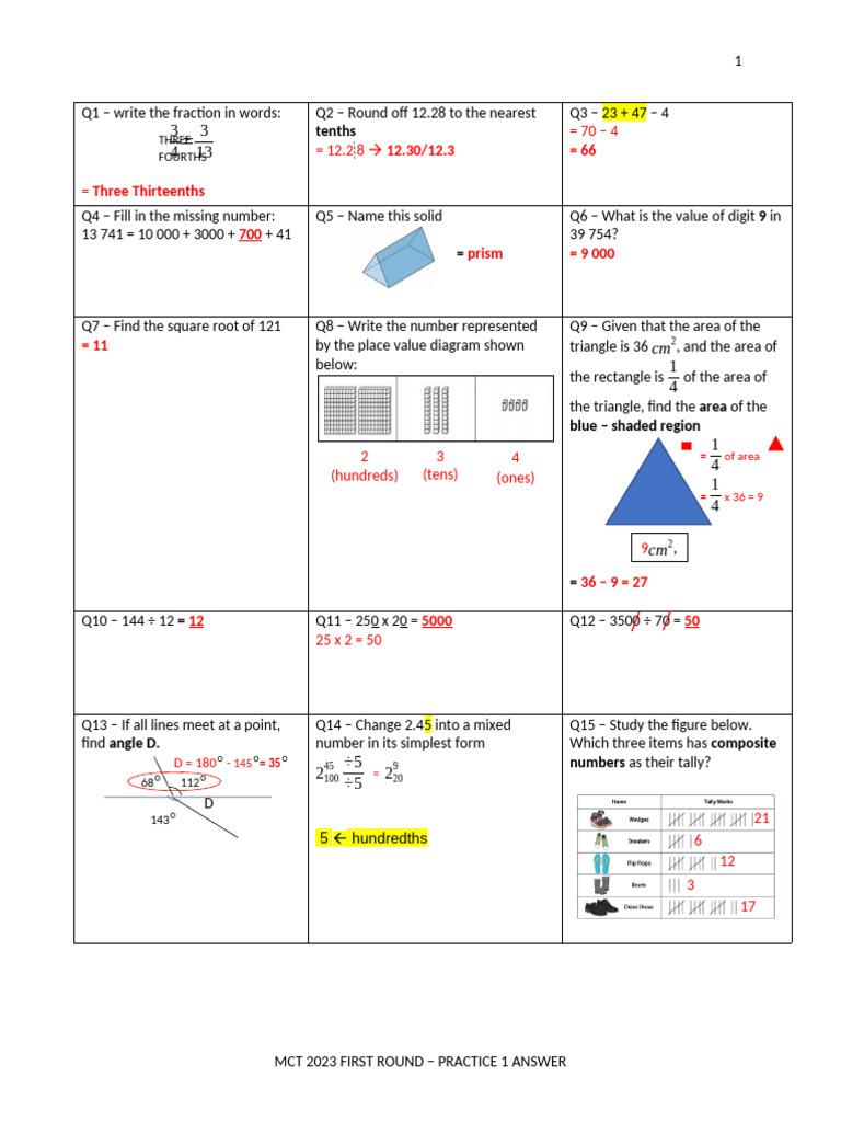 Math Practice Questions and Answers | PDF | Numbers | Elementary ...