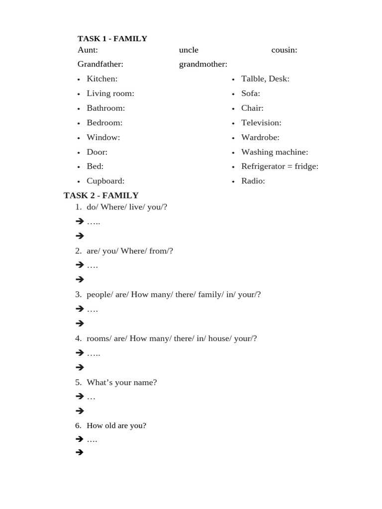 Family and Home Vocabulary Tasks | PDF