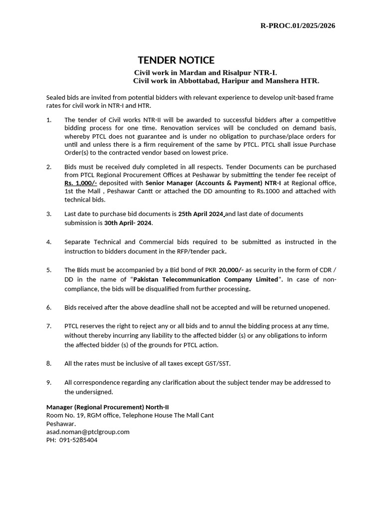 Civil Work Tender Notice for NTR-I & HTR | PDF