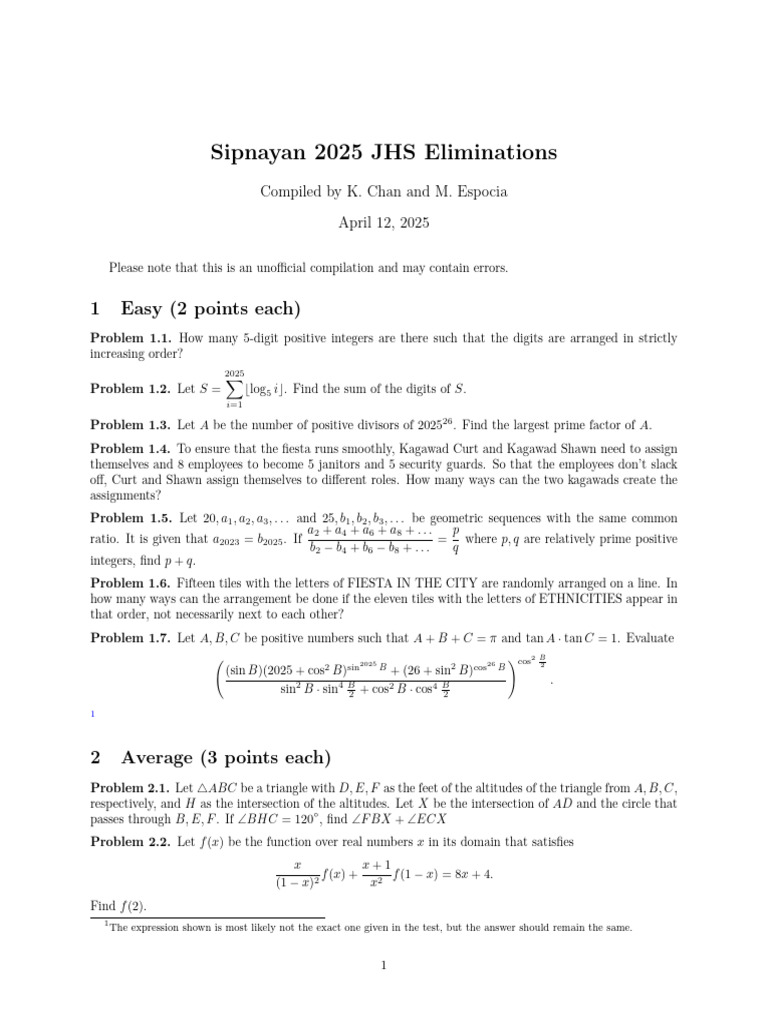 Sipnayan 2025 JHS Elims | PDF | Circle | Triangle