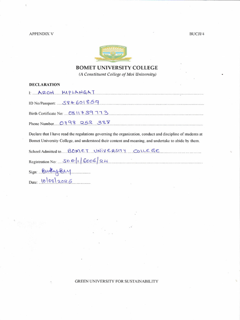 Bomet University College Student Declaration | PDF