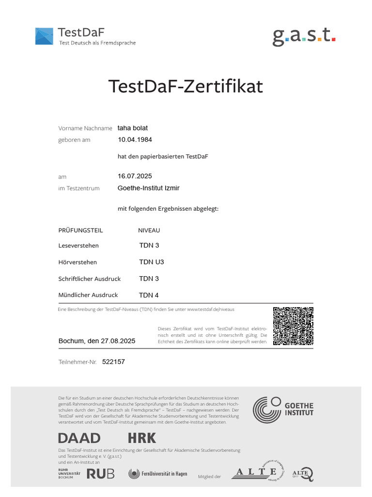 Testdaf Zertifikat | PDF