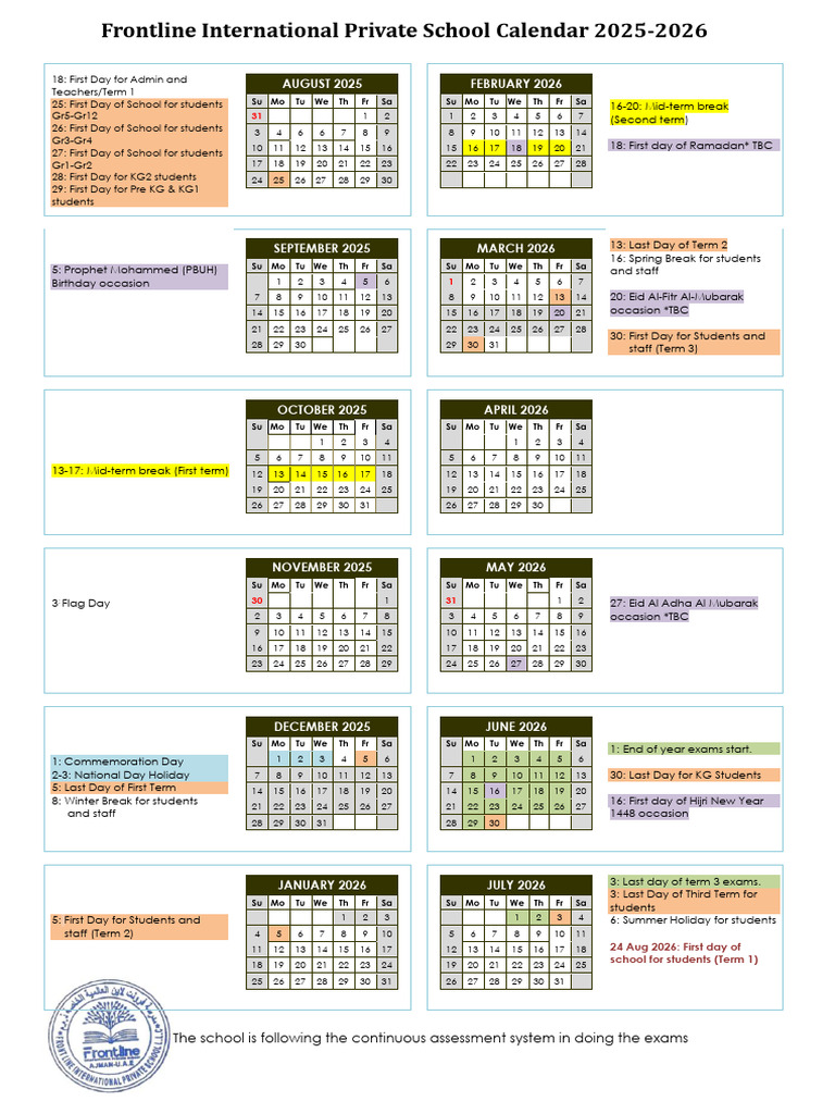 Frontline Private School Calendar 2025-26 | PDF | Observances Set ...