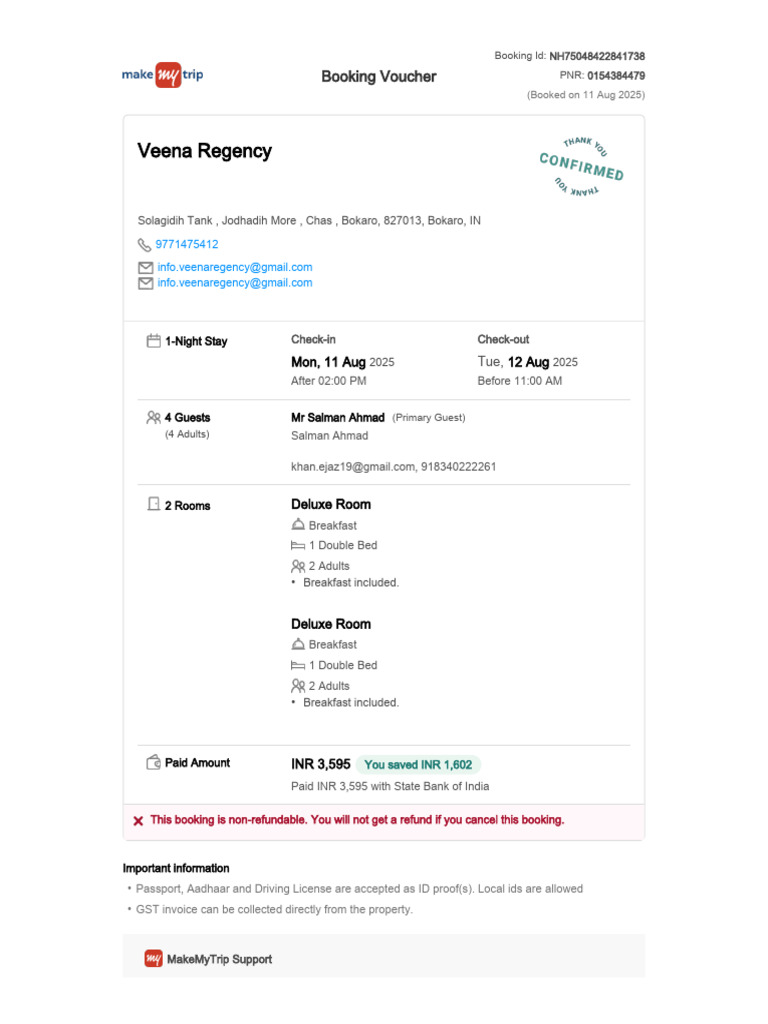 Veena Regency: Booking Voucher | PDF