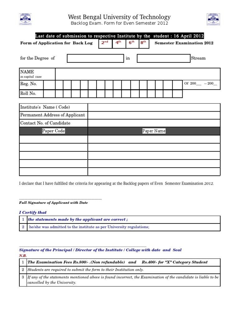Backlog Exam Form for WBUT Even Semester | PDF