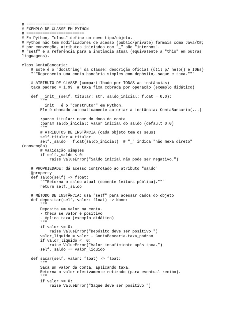 Exemplo de Classe Conta Bancária em Python | PDF | Python (linguagem de ...