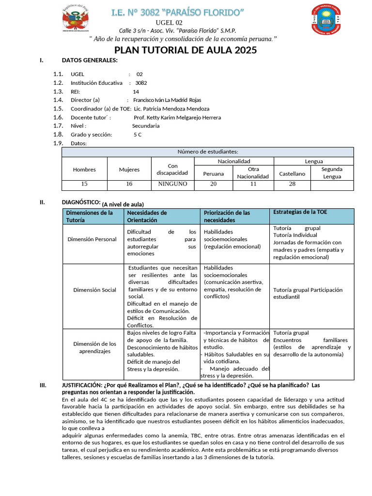 Plan Tutorial 2025 para Secundaria UGEL 02 | PDF | Las emociones ...