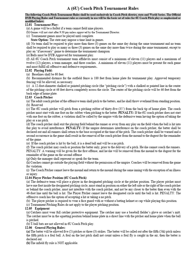 6U Coach Pitch Tournament Rules | PDF | Baseball Field | Pitcher