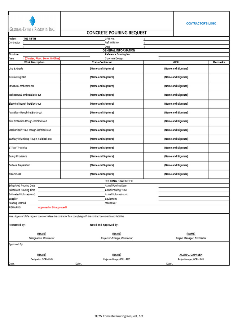 Concrete Pouring Request Form | PDF | Building Materials | Building