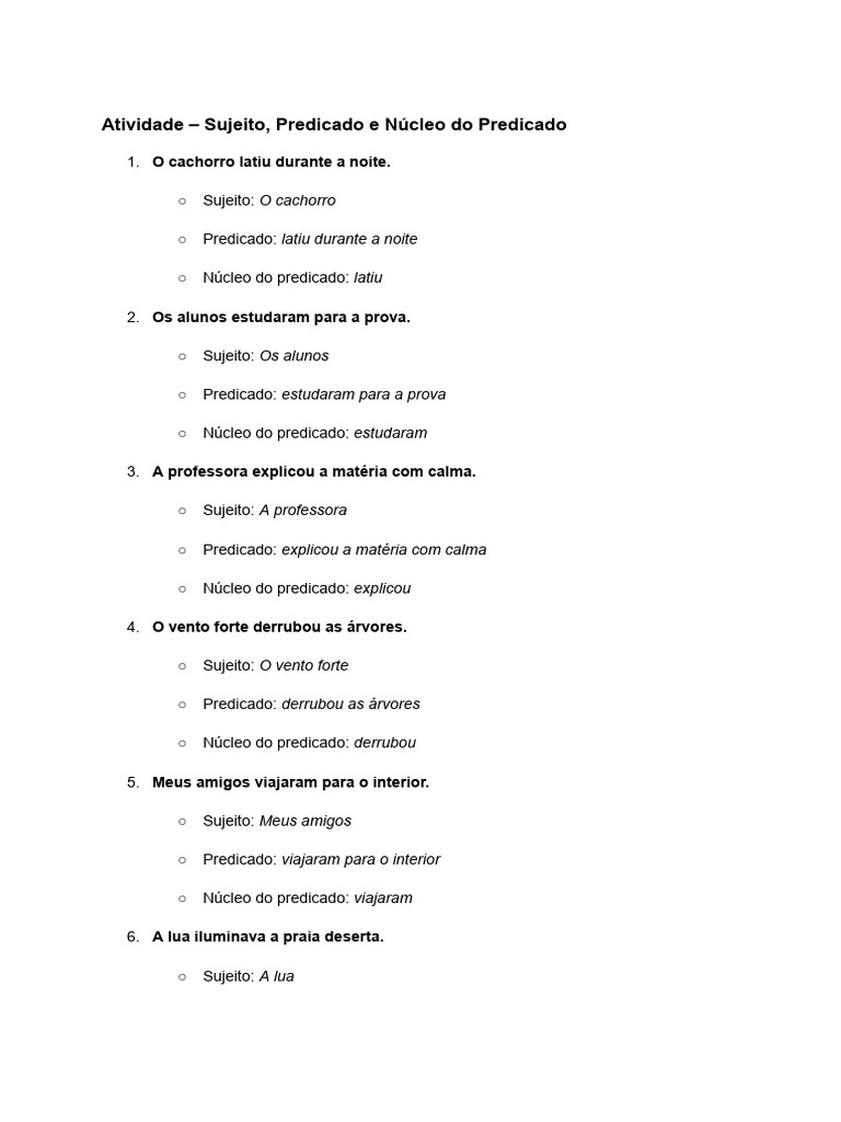 Atividade - Sujeito, Predicado e Núcleo Do Predicado | PDF