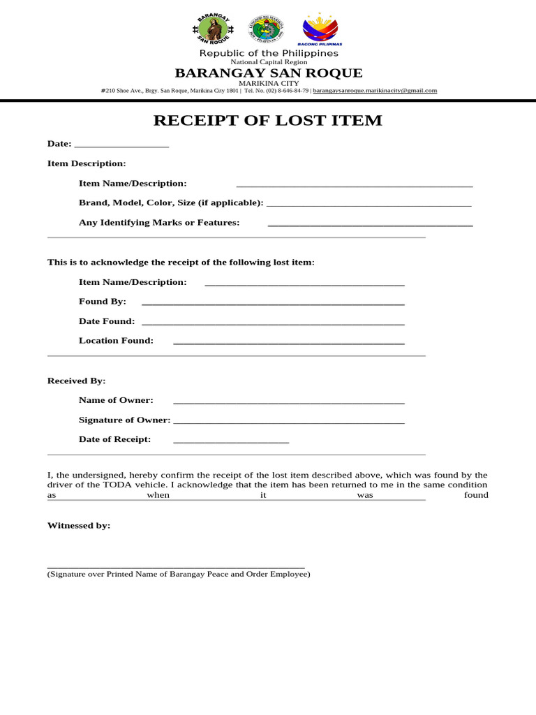 Lost Item Acknowledgment Receipt | PDF
