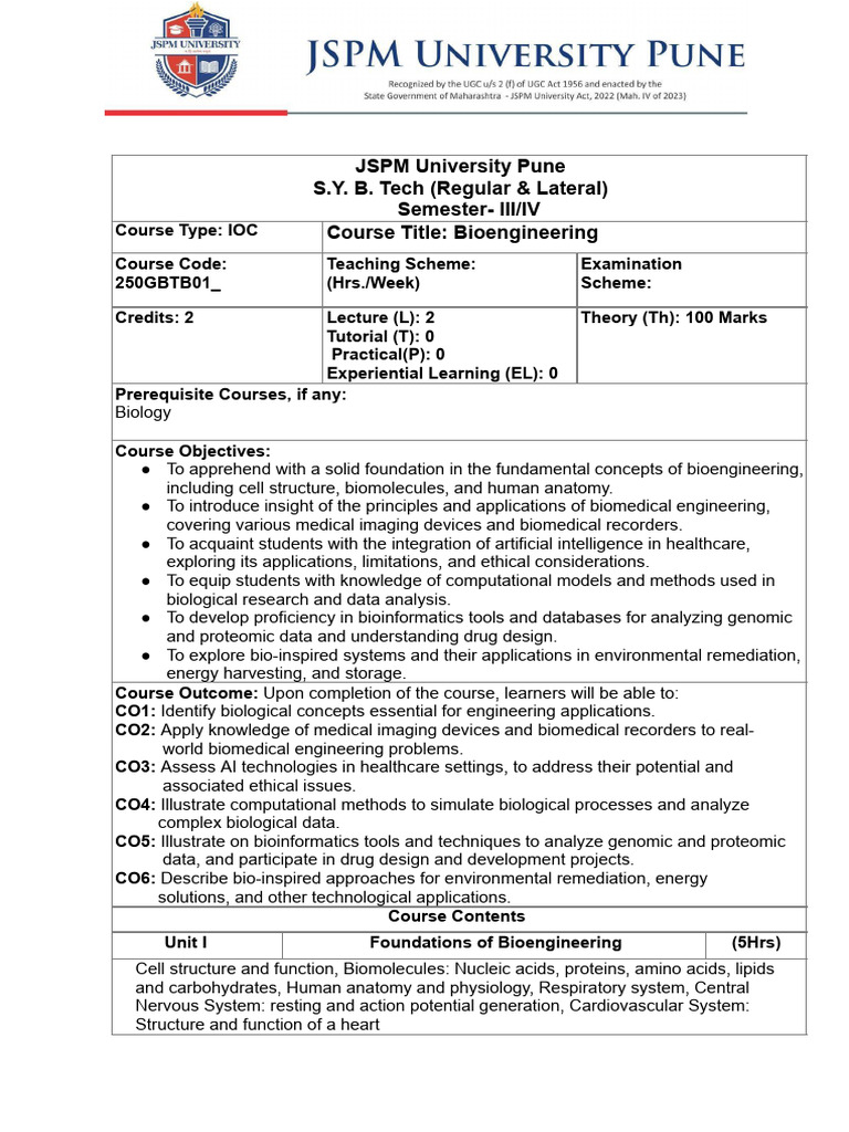 Bioengineering Course Syllabus | PDF | Bioinformatics | Artificial ...