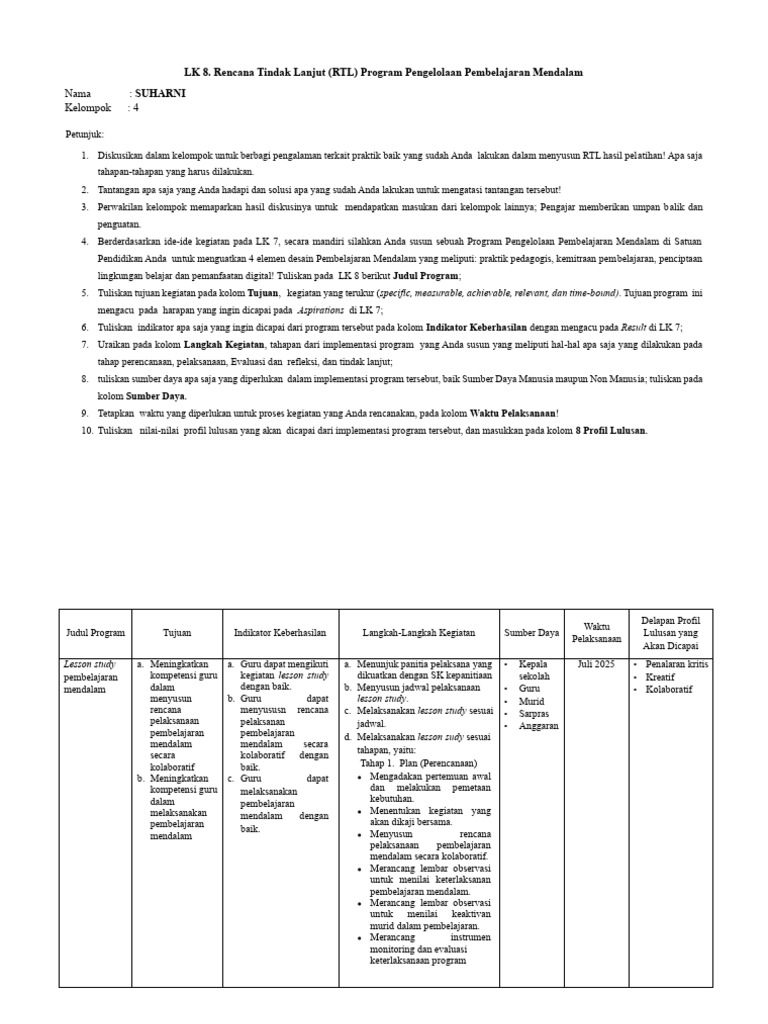 RTL Program Pengelolaan Pembelajaran | PDF