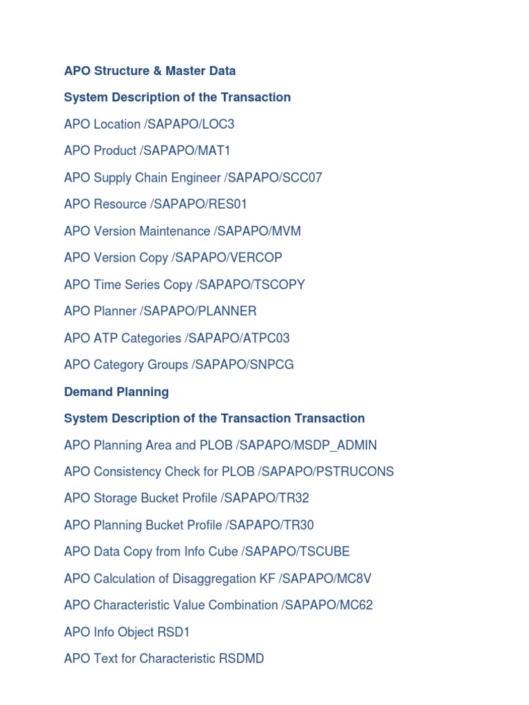 APO Transaction Codes Overview | PDF | Time Series | Scheduling (Computing)
