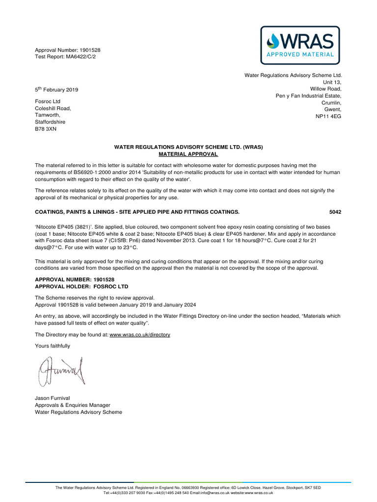WRAS Approval for Fosroc Nitocote EP405 | PDF