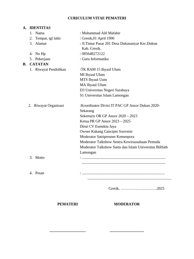 CV Muhammad Alil Mafahir, Guru Informatika | PDF