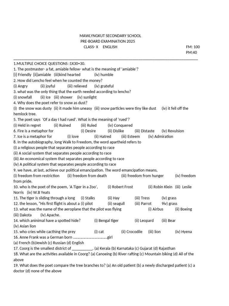 Class X English Pre-Board Exam 2025 | PDF | Habits