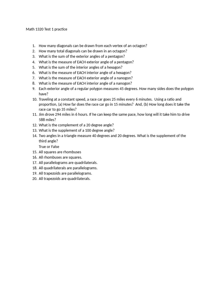Math 1320 Test 1 Practice | PDF