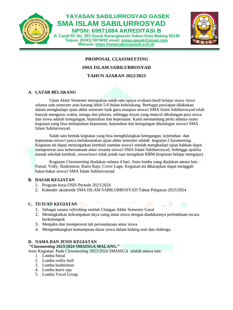 Proposal Classmeet 2023 | PDF