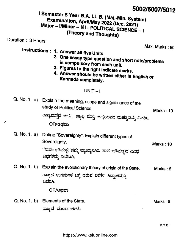 Ballb 1 Sem Political Science 1 Theory and Thoughts 5002 May 2022 | PDF