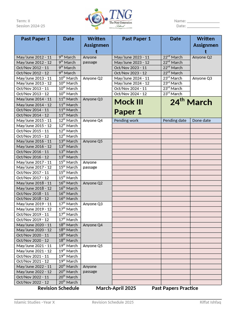 Islamic Studies Revision Schedule 2025 | PDF