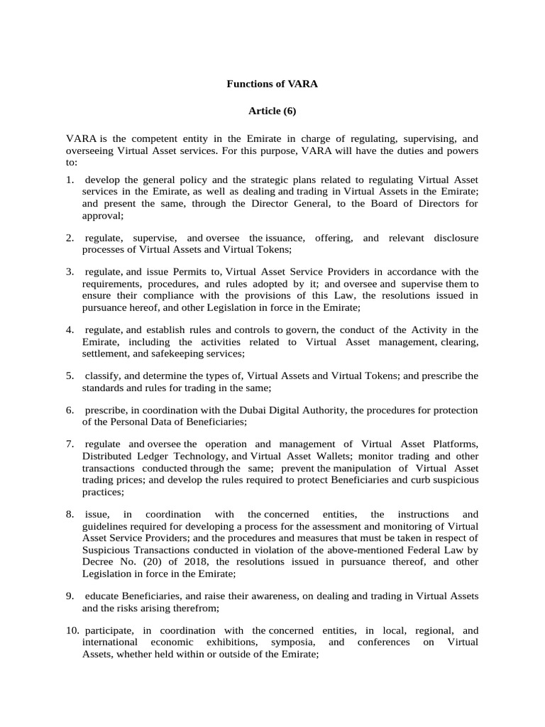 VARA Functions in Regulating Virtual Assets | PDF | Governance | Justice