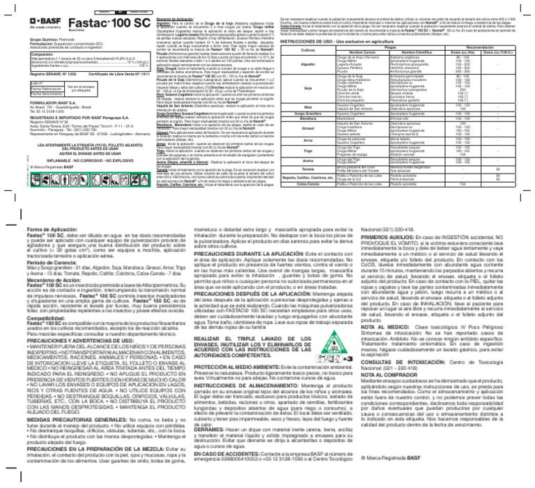 PY - Etiqueta - Fastac® 100 SC | PDF | Agua | Insecticida