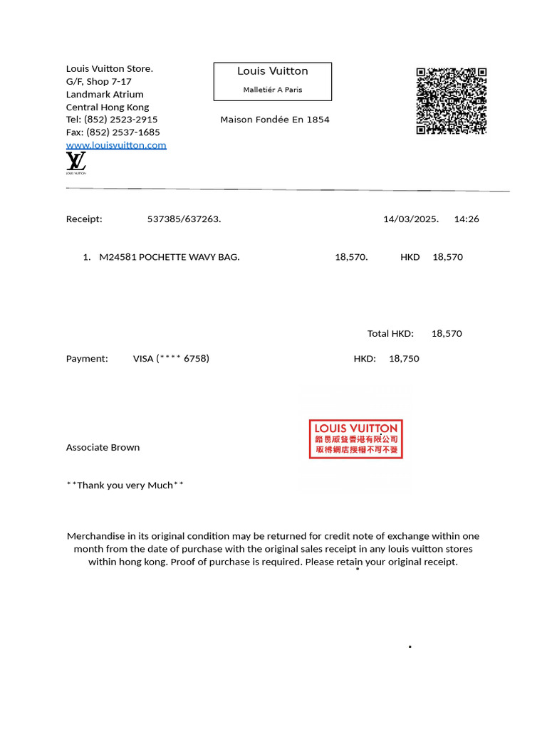 Louis Vuitton Receipt - Hong Kong Store | PDF