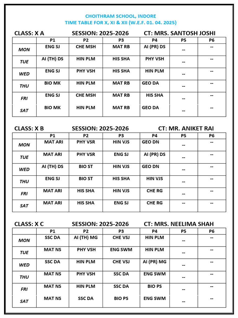 Time Table For X Xi Xii W.E.F. 01. 04. 2025 | PDF