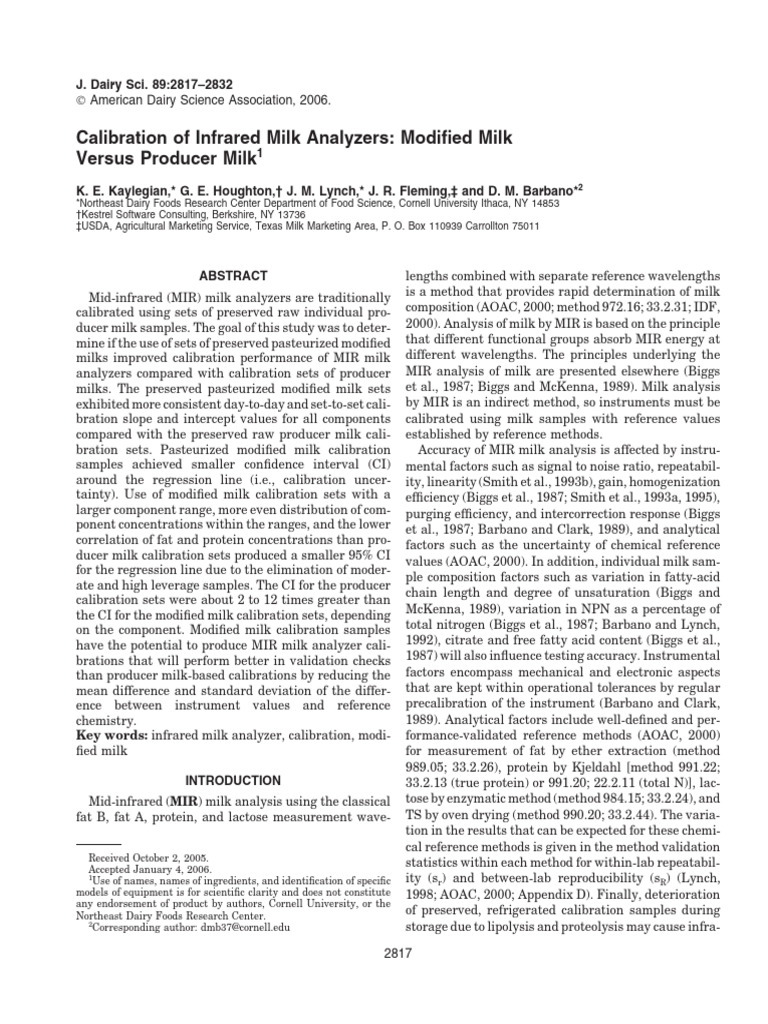 Infrared Milk Analyzer Calibration Study | PDF | Errors And Residuals ...