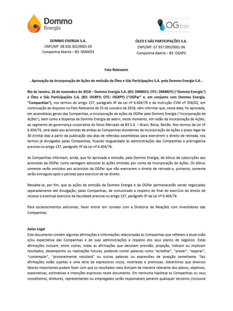 Incorporação de Ações: Dommo e OGPar | PDF | Intenção