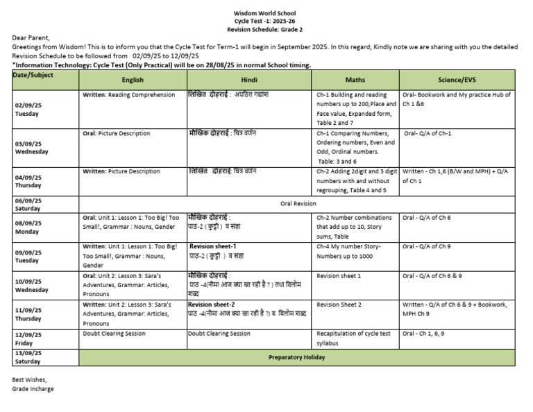 Grade 2 Cycle Test 1 Revision Schedule | PDF | Language Mechanics ...