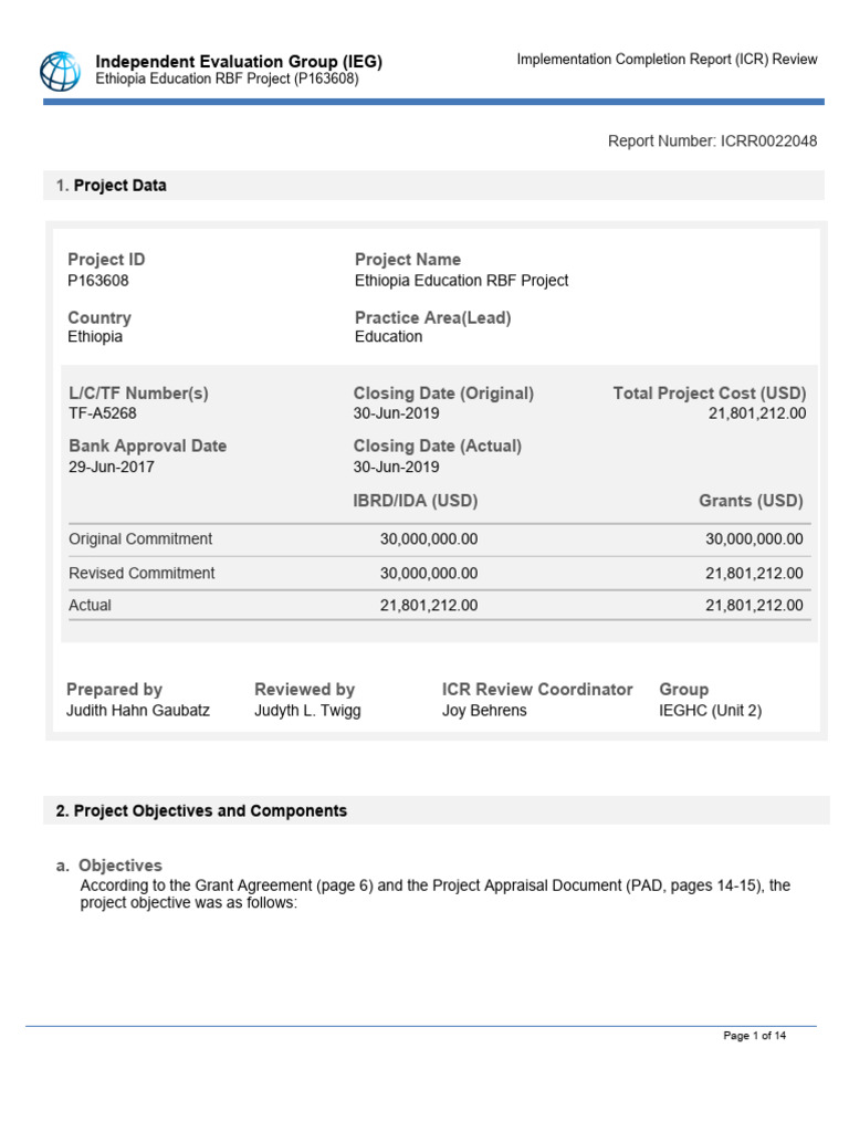 Ethiopia Education RBF Project ICR Review | PDF